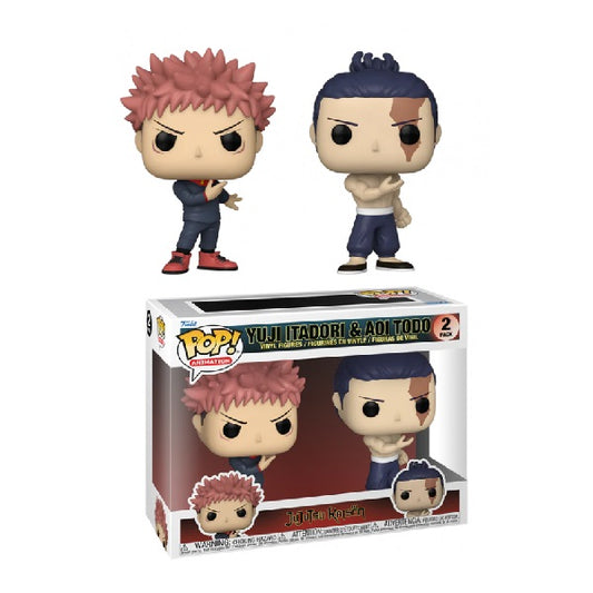 Confezione originale Funko con loghi Jujutsu Kaisen " Pack Yugi Itadori & Aoi Todo colori rosa blu nero bianco