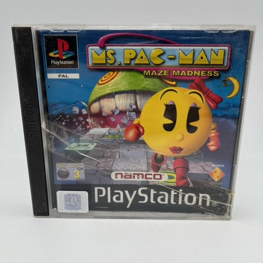 ms pac-man in primo piano che sfugge da un mostro che sta mangiando il percorso