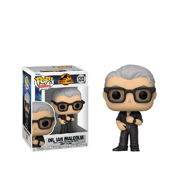 Confezione originale Funko con loghi Jurassic World Dominion Dr.Ian Malcolm colori grigio nero rosa bianco