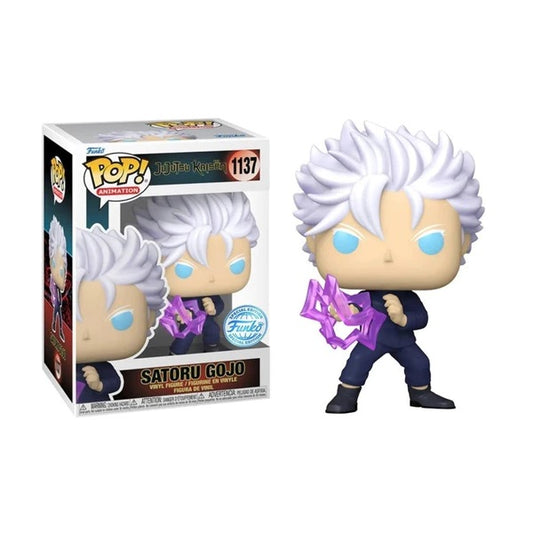 Confezione originale Funko con loghi Jujutsu Kaisen Satoru Gojo colori bianco blu viola azzurro