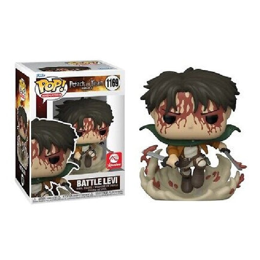 Confezione originale Funko con loghi Attack On Titan Battle Levi AE Xclusive colori nero verde giallo bianco