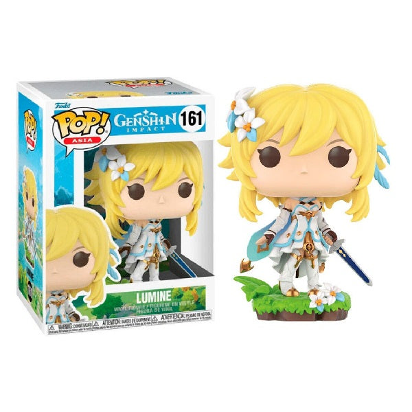 Confezione originale Funko con loghi Genshin Impact colori bianco giallo azzurro