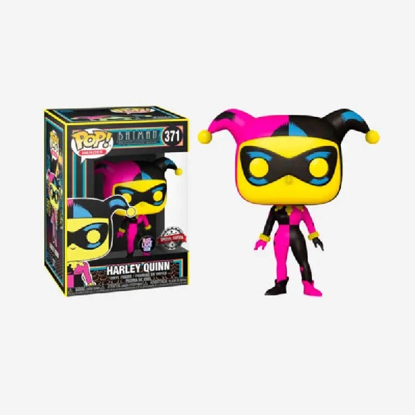Confezione originale Funko con loghi Batman The Animated Series Harley Quinn Black Light Glow colori fucsia giallo nero azzurro