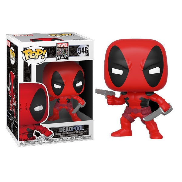Confezione originale Funko con loghi Marvel 80 Years Deadpool colori rosso nero bianco
