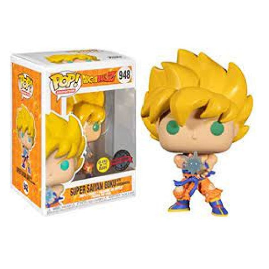 Confezione originale Funko con loghi Dragon Ball Z Super Saiyan Goku with Kamehameha Glows In The Dark colori giallo arancione blu