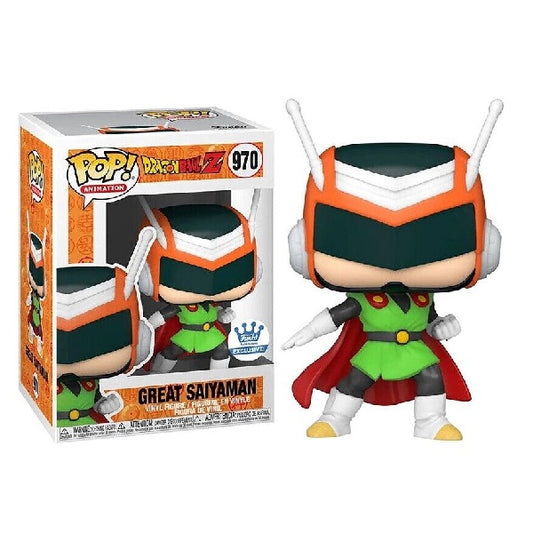 Confezione originale Funko con loghi Dragon Ball Z Great Saiyaman Funko.com Exclusive colori bianco nero verde rosso