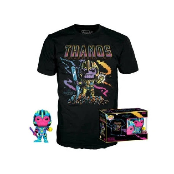Confezione originale Funko con loghi Marvel Studios The Infinity Wars Thanos con t-shirt blacklight special edition colori azzurro rosa giallo