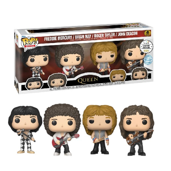 Confezione originale Funko con loghi Rocks 4 Pack Queen Freddie Mercury Brian May Roger Taylor John Deacon colori bianco nero marrone