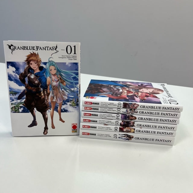 Granblue Fantasy Manga Planet Manga Serie Completa 1-7, copertina prima volume con personaggio maschile e femminile in abiti fantasy, come sfondo visuale cielo ed isole viste dall'alto