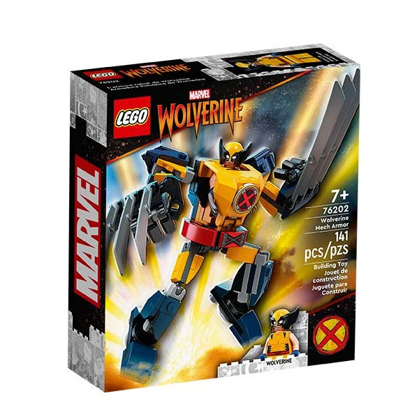 Confezione lego ufficiale con logo marvel wolverine mech armor colore giallo e blu