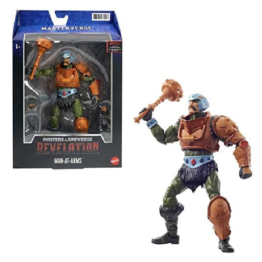 Confezione originale Mattel con loghi Masterverse Masters Of The Universe Revelation Man At Arms colori azzurro verde arancione