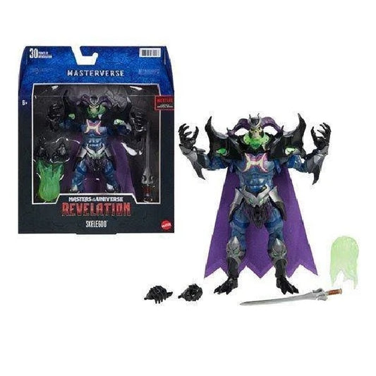 Confezione originale Mattel con loghi Masterverse Masters Of The Universe Revelation Skelegod colori viola blu nero verde