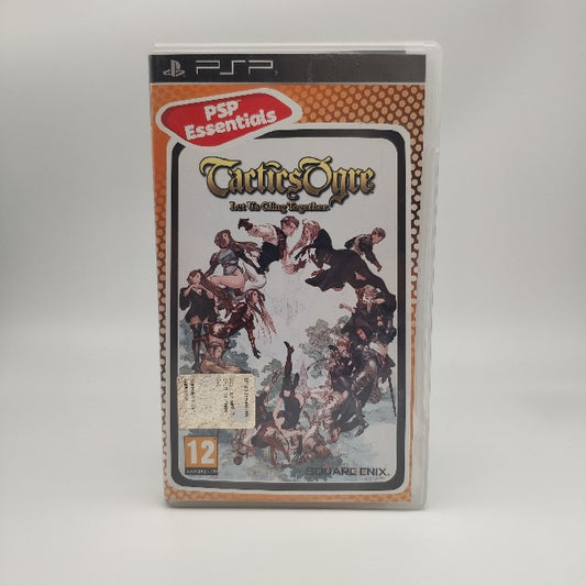Tactics ogre let us cling together, rpg strategi ìco a truni, square enix, psp essentials, bordo arancione reticolato, immagine sfondo bianco con personaggi disposti in cerchio