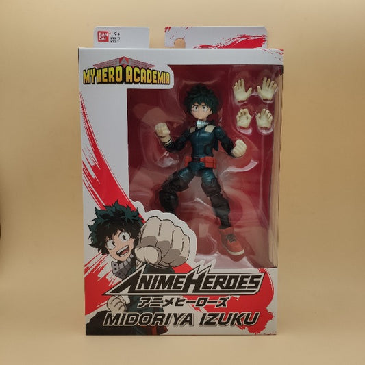 action figure midoriya, personaggio tuta verde,scatola bianca e rossa