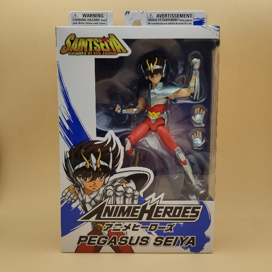 action figure pegasus,armatura argento e rosso, scatola bianca e blu