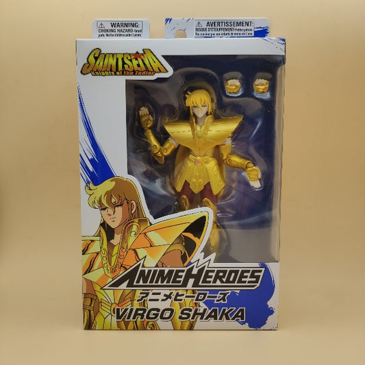 action figure virgo shaka,biondo,armatura dorata,scatola bianca e blu