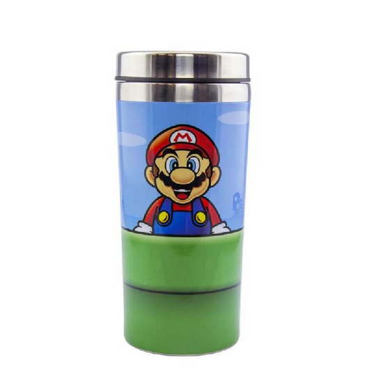 borraccia in metallo con personaggi super mario e luigi, colorata verde, azzurro e rosso.