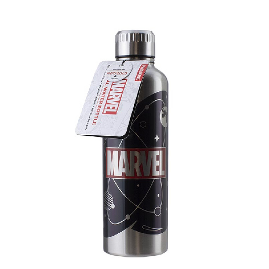 borraccia in metallo con grafica e logo marvel. Colori rosso, nero e argento