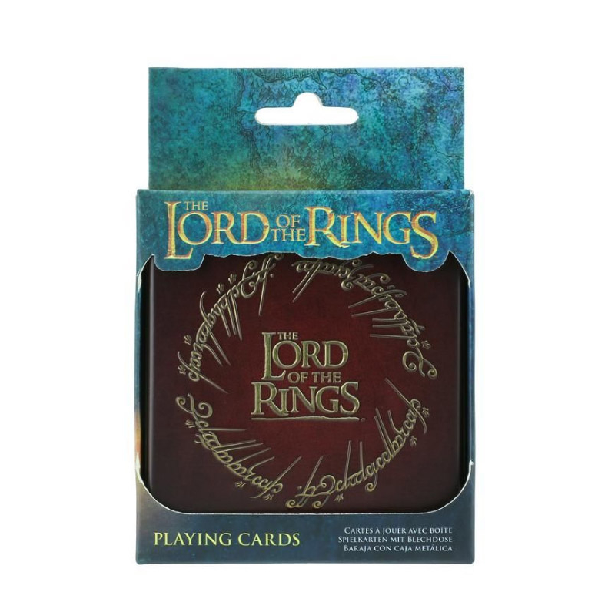 Confezione di carte da gioco a tema Il Signore degli Anelli. Scatola in cartoncino blu e contenitore in metallo bordeaux, con loghi oro.