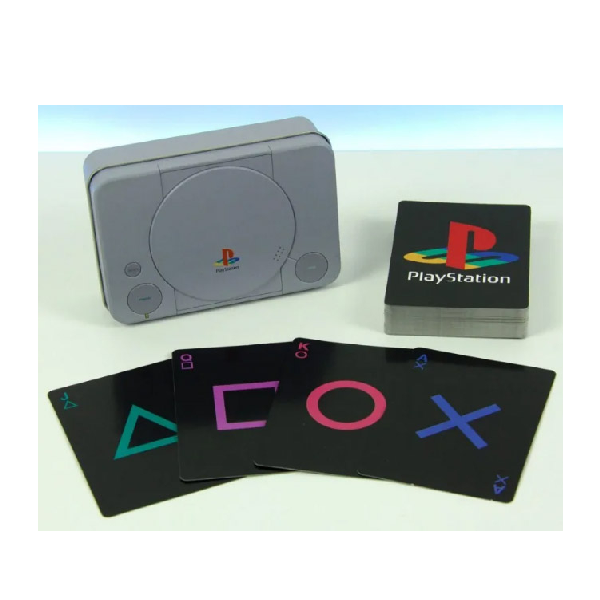 carte da gioco poker a tema playstation ps1, nere, con scatola in metallo a forma di console.