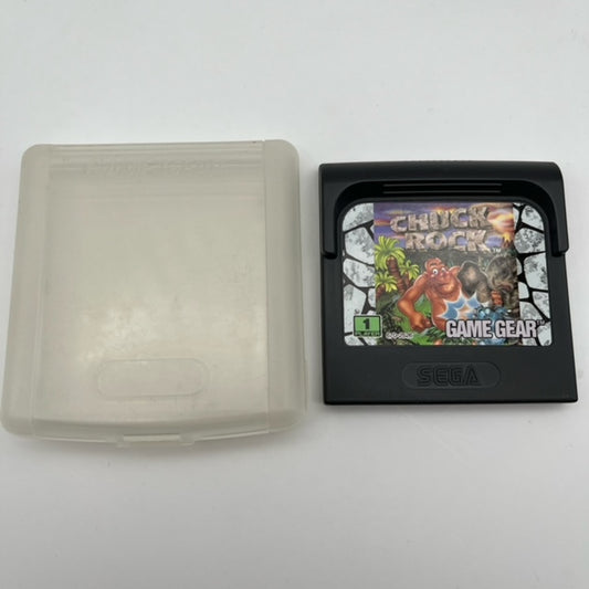Chuck Rock Sega Game Gear PAL Loose, cavernicolo che colpisce con la pancia un dinosauro blu