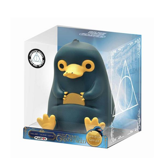 Salvadanaio confezionato a forma di personaggio Snaso dalla saga Animali Fantastici (Harry Potter world). Colore blu scuro.