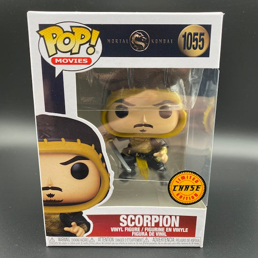 Statuina confezionata Funko Pop! del personaggio Scorpion dalla serie di film e videogiochi Mortal Kombat, in versione senza maschera Chase Limited Edition.