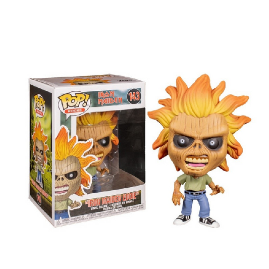 Confezione e personaggio Funko Pop numero 143 Eddie degli Iron Maiden.