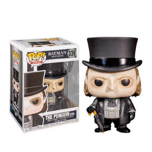 Scatola e personaggio Funko Pop numero 339 The Penguin dal film Batman Returns, con vestito nero e ombrello.