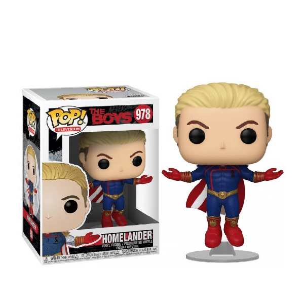 Statuina confezionata Funko Pop numero 978, personaggio Homelander dalla serie TV The Boys. Costume blu e rosso, posa in volo.