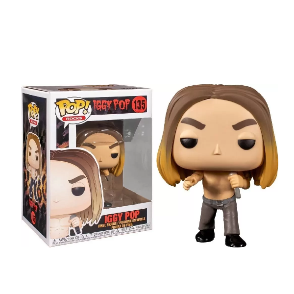 Confezione e personaggio Funko Pop di Iggiìy Pop, con pantaloni grigi e senza maglietta, microfono in mano.