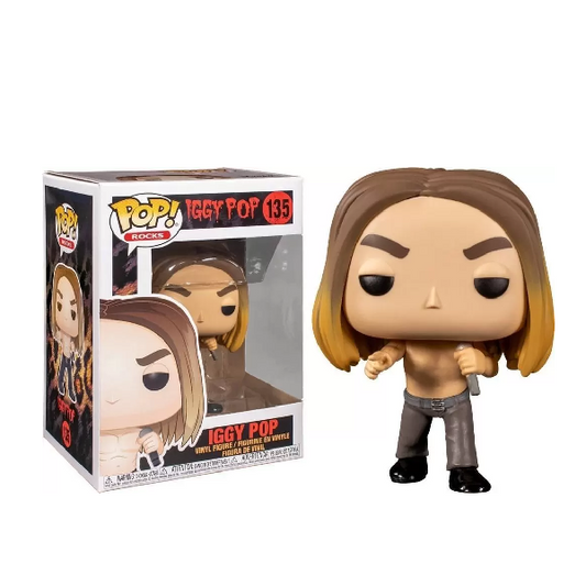 Confezione e personaggio Funko Pop di Iggiìy Pop, con pantaloni grigi e senza maglietta, microfono in mano.