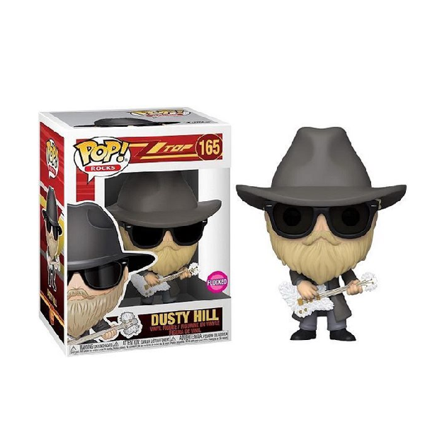 Confezione originale e personaggio Funko Pop di Dusty Hill del gruppo ZZ Top, versione Flocked.