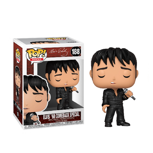 Confezione e personaggio Funko Pop numero 188 Elvis Presley Versione Comeback Special, vestito nero e microfono in mano.