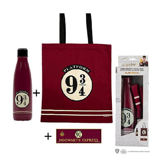 Set borraccia + borsa in stoffa + magnete a tema Harry Potter Hogwarts Express Platform 9 3/4. Colore bordeaux con inserti beige.