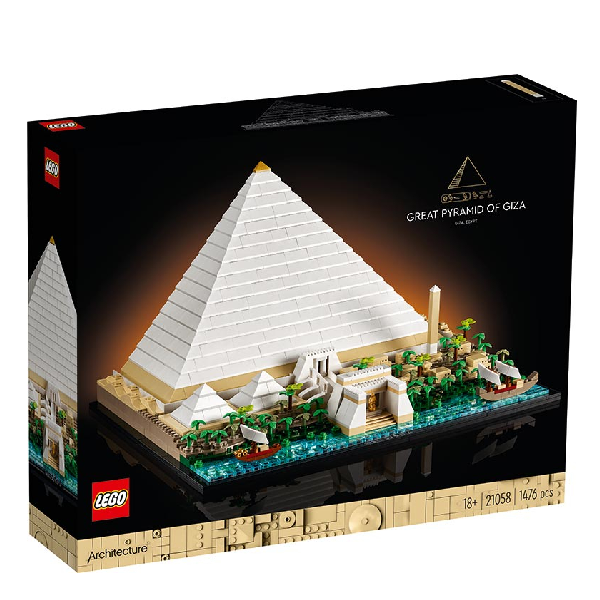 Confezione originale set Lego 21058 Piramide di Giza. Scatola nera, prodotto bianco e beige.
