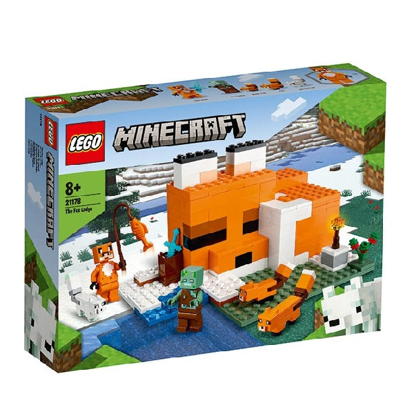 Confezione originale Lego con logo minecraft capanno della volpe, coloe rosso azzurro e verde.
