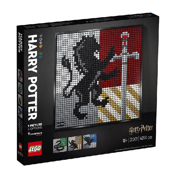 Confezione originale Lego con loghi art harry potter hoghwarts crest colori nero rosso grigio bianco
