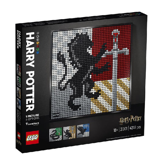 Confezione originale Lego con loghi art harry potter hoghwarts crest colori nero rosso grigio bianco