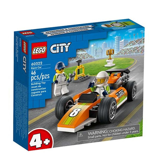 Confezione originale Lego City con auto da corsa e pilota, colore azzurro e arancione.