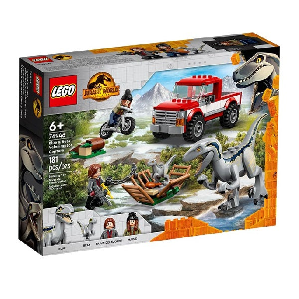Confezione originale Lego con loghi jurassic world cattura Blue e Beta colori rosso giallo bianco grigio