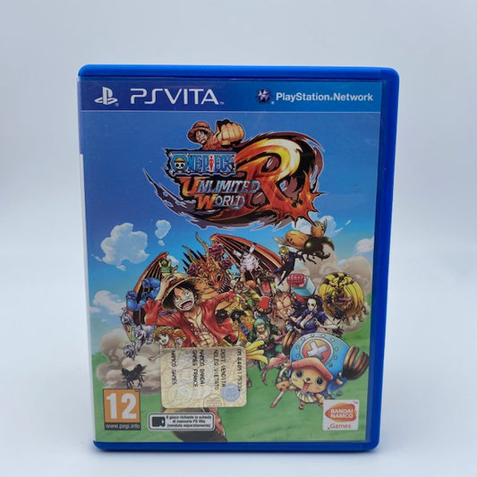 one piece umlimite wrold red psvita, custodia blu, copertina con cielo azzurro di fondo e personaggi one piece in primo piano