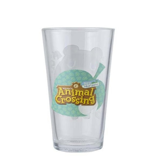 bicchiere trasparente con logo e foglia animal crossing, colore verde marrone e giallo