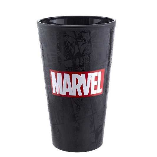 bicchiere a sfondo nero con logo marvel ufficiale rosso e bianco