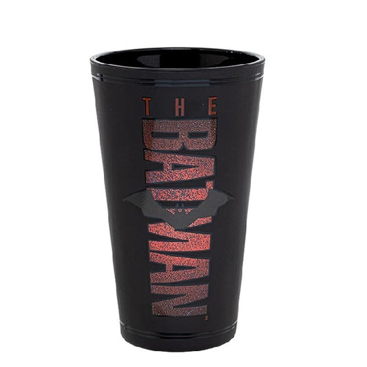bicchiere a sfondo nero con logo The Batman rosso, film 2022