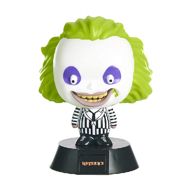 Mini lampada a forma di personaggio Beetlejuice, dall'omonimo film. Vestito bianco e nero, capelli verdi.