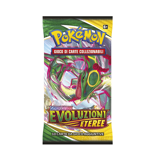 Bustina singola da 10 carte collezionabili Pokemon, epsansione Evoluzioni Eteree della serie Spada e Scudo. Illustrazione esterna di Rayquaza, colore verde e giallo.