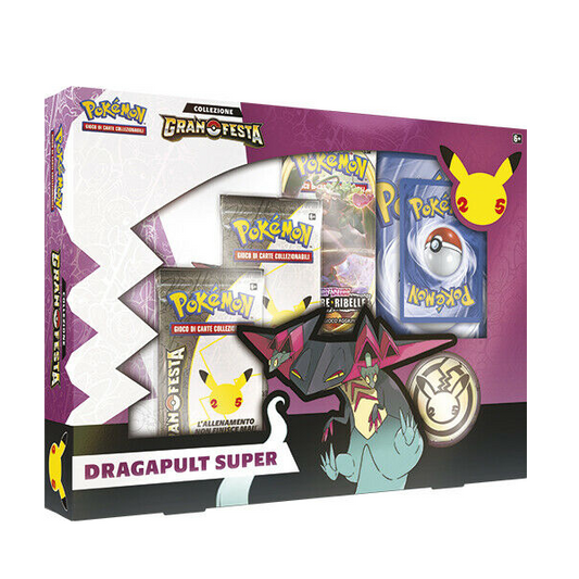 Confezione collezione carte collezionabili Pokemon, colore viola, a tema Dragapult Super, edizione Gran Festa.