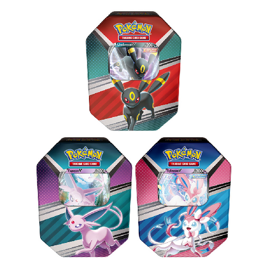 Set 3 tin carte pokemon espeon, umbreon e sylveon. Scatola in latta.