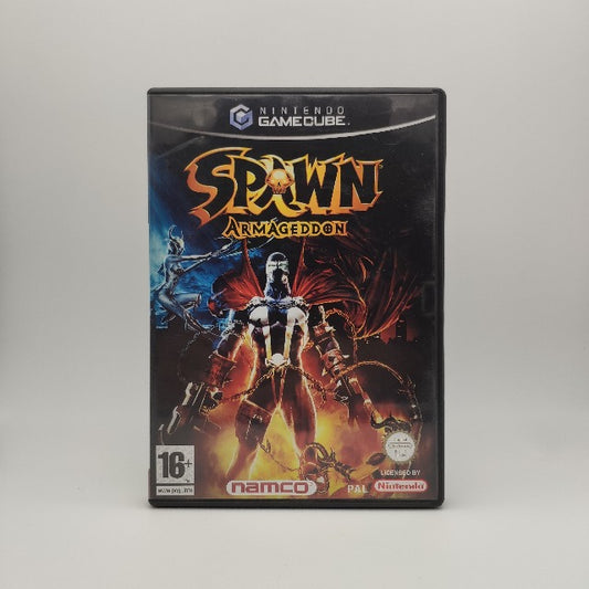 sfondo nero rosso e blu, persoanggio spawn armato con catene, pistole e mantello rosso